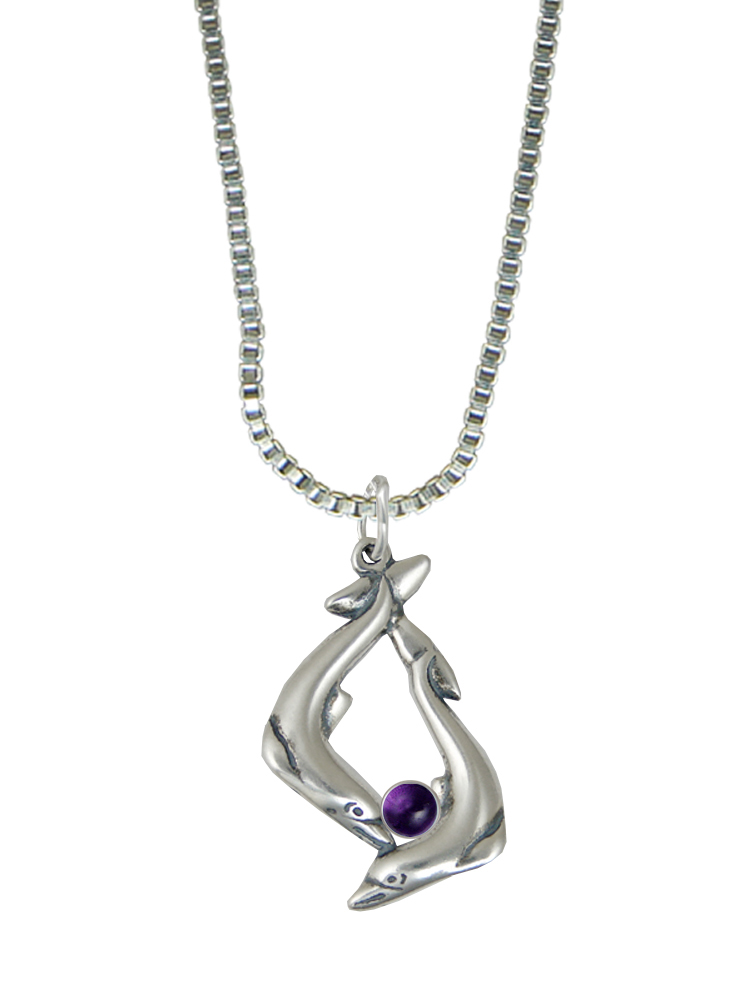 Sterling Silver Dolphins Pendant With Amethyst
